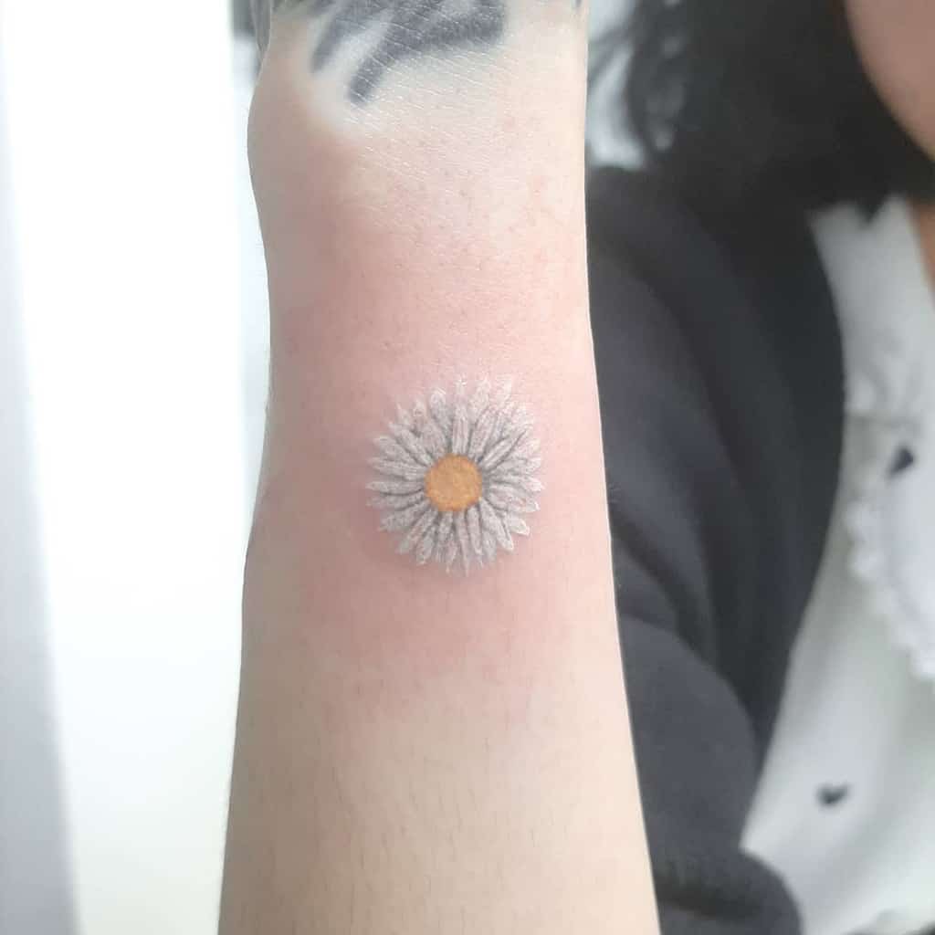 Forearm tattoo small realistic white and yellow color daisy