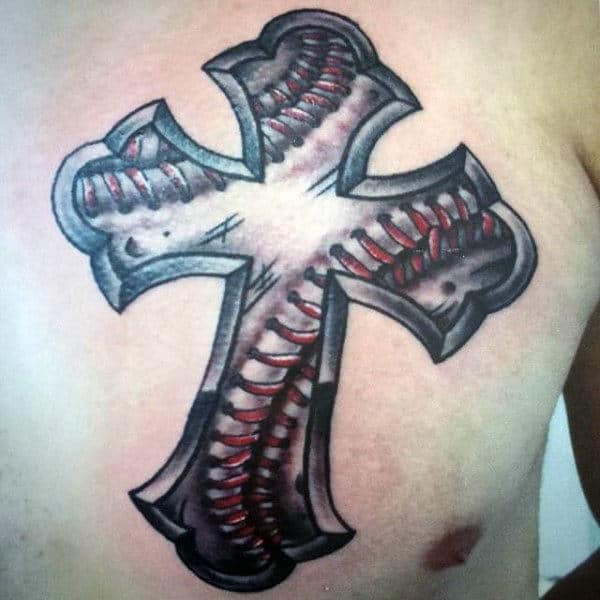 White Baseball Cross Mens Upper Chest Tattoo Designs