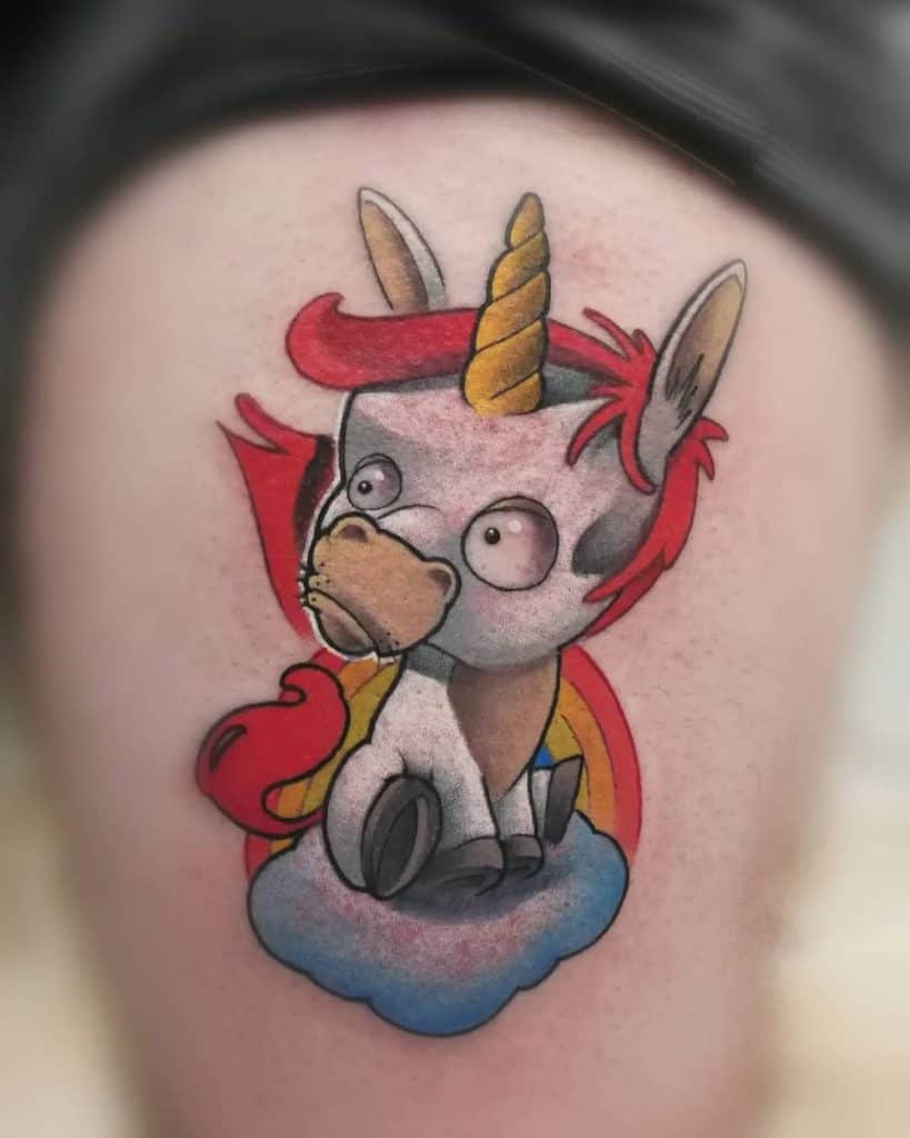 White Beige Confused Donkey Looking With Bright Red Blue Background Cartoon Unicorn Tattoo