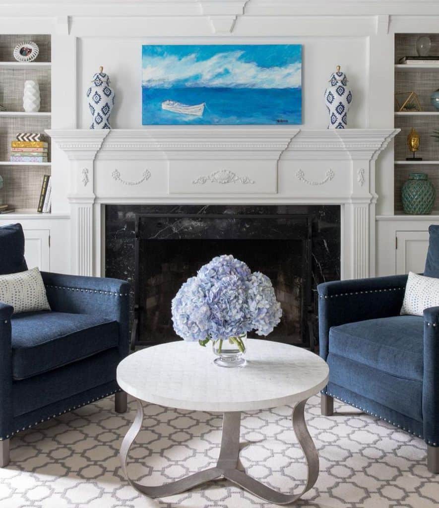 white blue living fireplace mantle