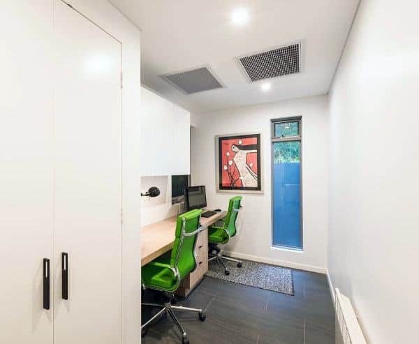 small white home office green chairs 