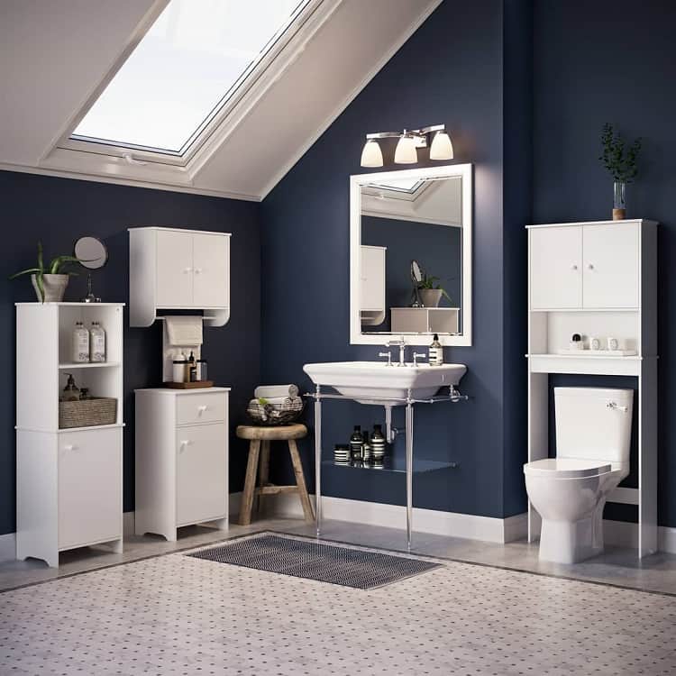 blue bathroom with white shelving and toilet