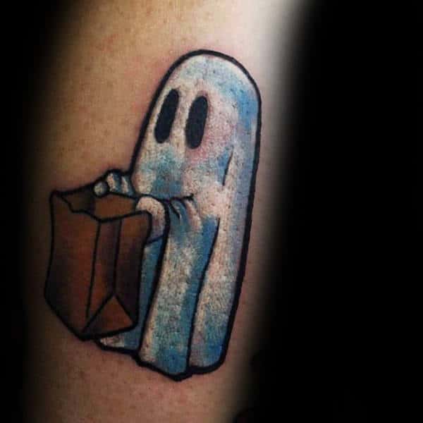 White Ghost Trick Or Treat Halloween Tattoo Male Forearms