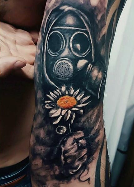 White Ink Flower With Orange Center Mens Half Sleeve Gas Mask Tattoos