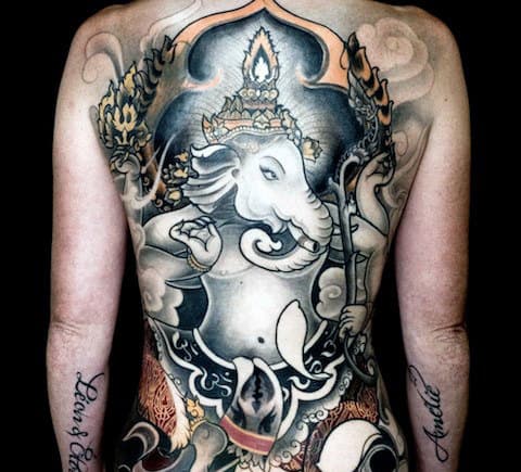 White Ink Ganesh Mens Full Back Tattoos