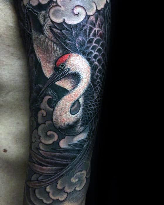 White Ink Japanese Crane Bird Mens Sleeve Tattoos