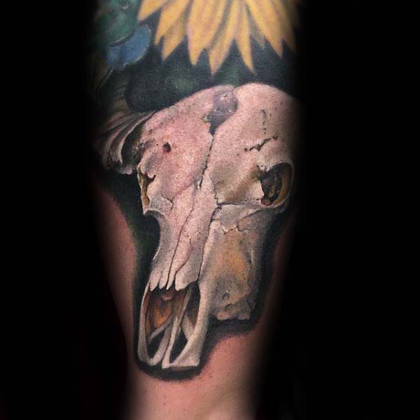 White Ink Male Bull Skull 3d Forearm Tattoo