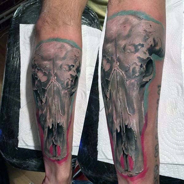 White Ink Mens Bull Skull Tattoo On Leg