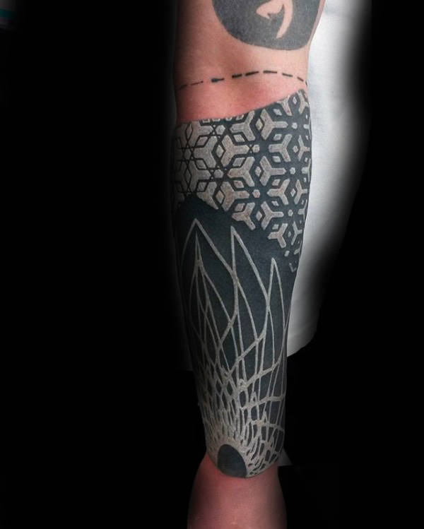 White Ink Over Black Ink Mens Factal Forearm Sleeve Tattoo