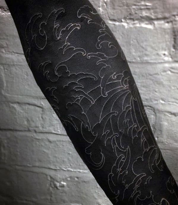 White Ink Over Black Ink Mens Japanese Wave Forearm Sleeve Tattoo