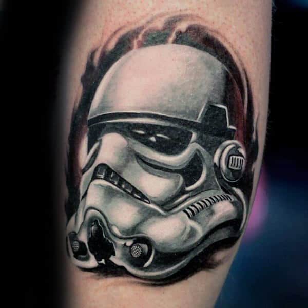White Ink Stormtrooper Helmet With Dark Red Background Mens Arm Tattoos