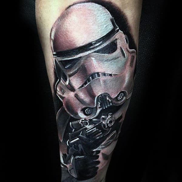 White Ink Stormtrooper Mens Inner Forearm Tattoos With Cool Realistic Design