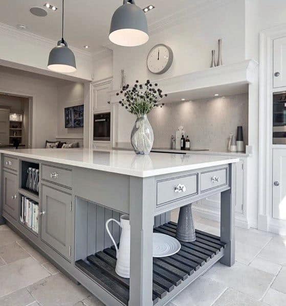 White Kitchen Cabinets With Grey Island