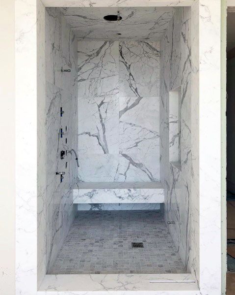 White Marble Large Format Tile Bathroom Shower Ideas