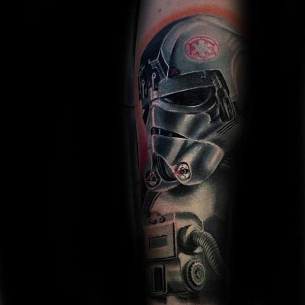 White Metallic Ink And Grey Design Male Stormtrooper Forearm Tattoo