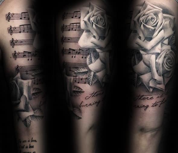 White Rose Flower Music Note Sheets Mens Forearm Tattoo