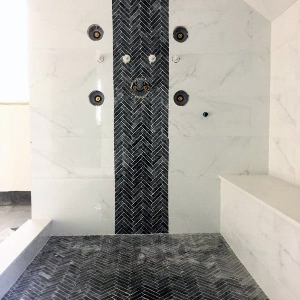 White Shower Bench Ideas With Black Herringbone Tile Flooring