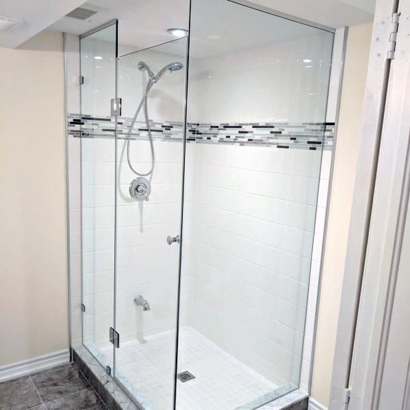 White Tile With Decorative Accent Stripe Corner Shower Bathroom Ideas
