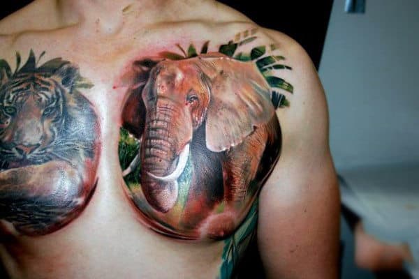 Wild Animals Tiger Head And Elephant Tattoos On Chest