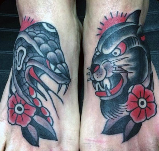Wild Cat And Blossom Tattoo On Foot For Men