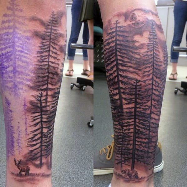 Wilderness Forest Deer Tattoo Leg Sleeve Mens Tattoo