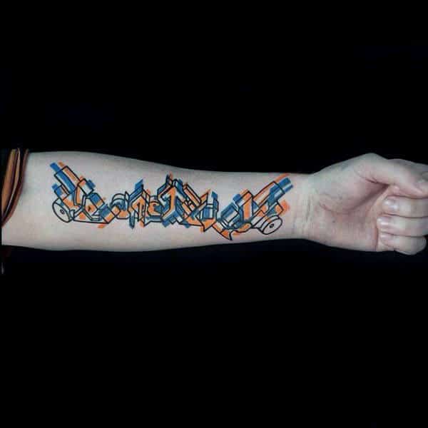 Wildstyle Graffiti Mens Forearm Tattoo Design In Blue And Orange Ink