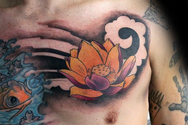 Wind Blowing Lotus Flower Mens Chest Tattoos
