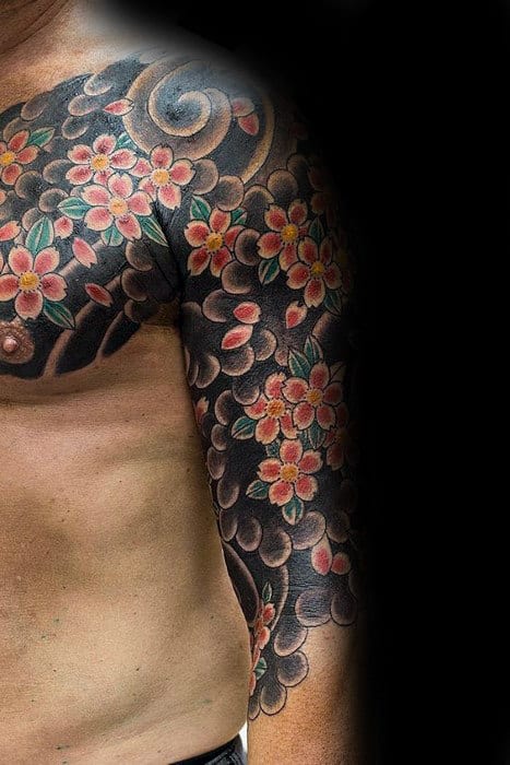 Wind Clouds With Flowers Guys Japanese Sleeve Tattoo Ideas