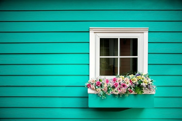 white window trim green wood house window sill planter