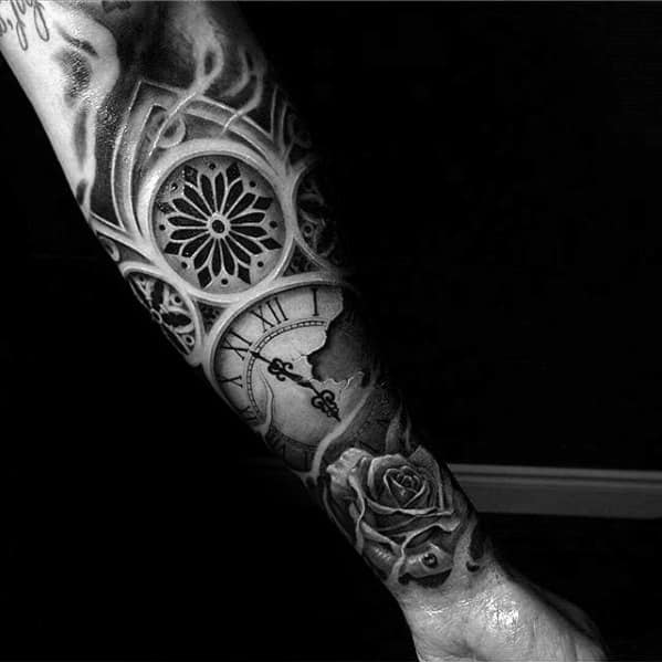 Windows With Clock And Rose Guys 3d Forearm Sleeve Tattoo