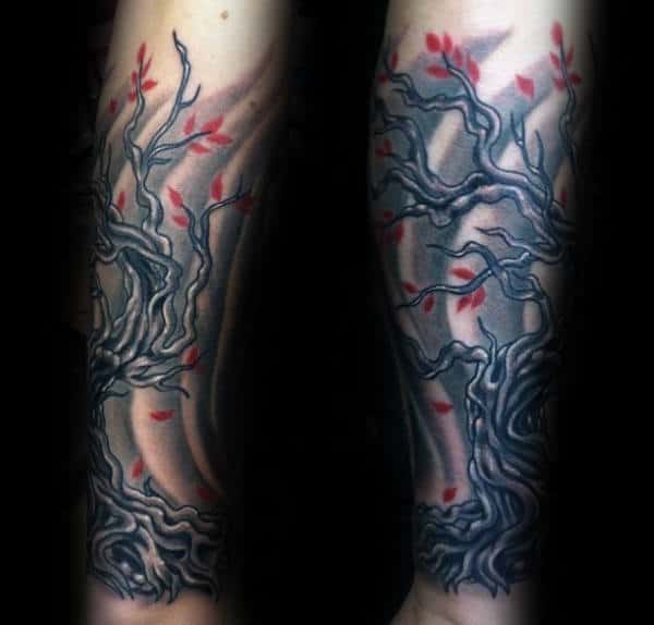 Windy Cherry Blossom With Red Flowers Mens Forearm Sleeve Tattoo