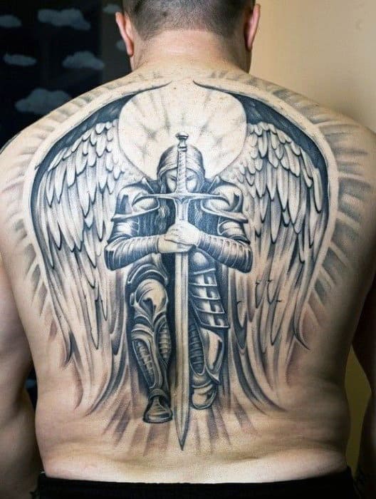 Winged Warrior Angelic Tattoo With Sword Males Full Back