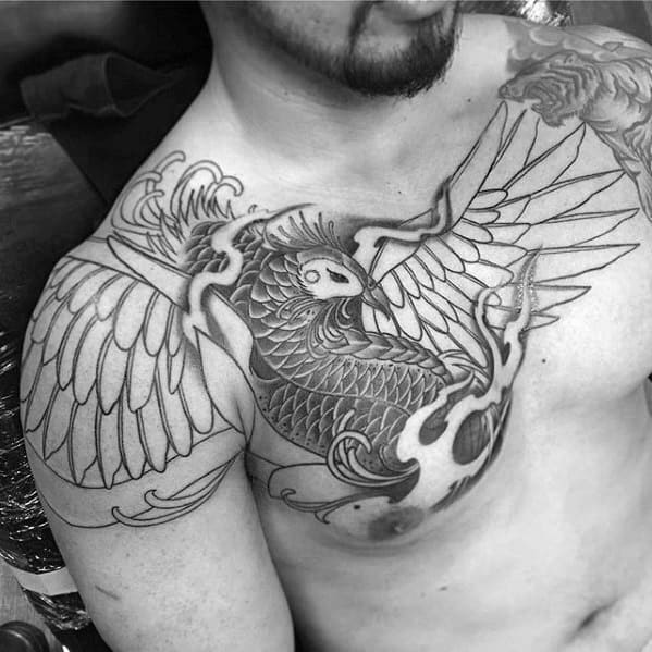 Wings With Flames Mens Japanese Phoenix Upper Chest And Shoulder Tattoo
