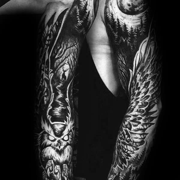 Wings With Owl And Forest Coolest Tattoos For Men Full Arm Sleeve