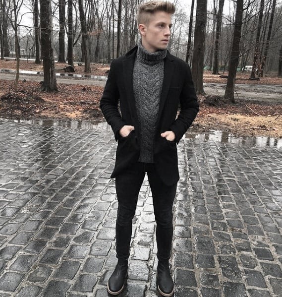 Winter Chunky Sweater With Peacoat All Black Outfits Mens