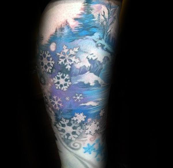 Winter Scene Snowflake Mens Leg Tattoos