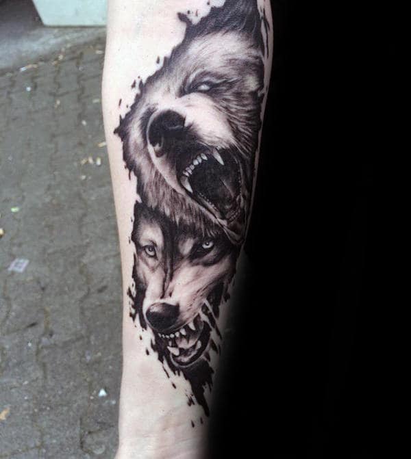 Wolf And Bear Watercolor Guys Forearm Tattoo