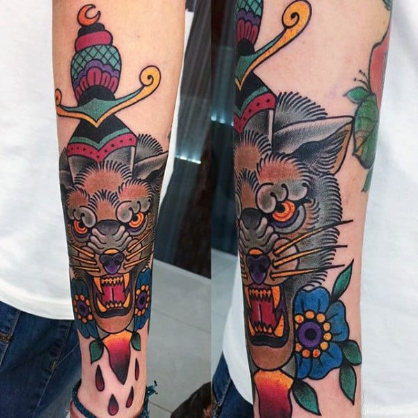 Wolf Dagger Mens Traditional Colorful Forearm Tattoos