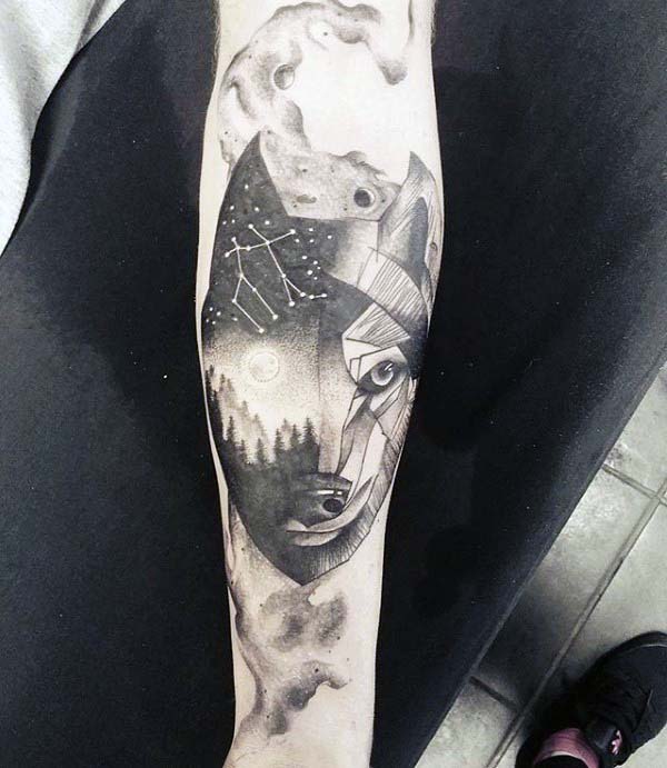 Wolf Gemini Constellation Mens Inner Forearm Tattoo