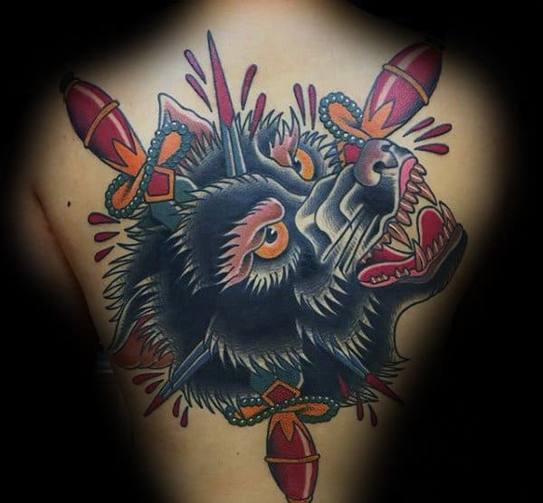 Wolf Head Traditional Daggers Mens Full Back Tattoo Designs