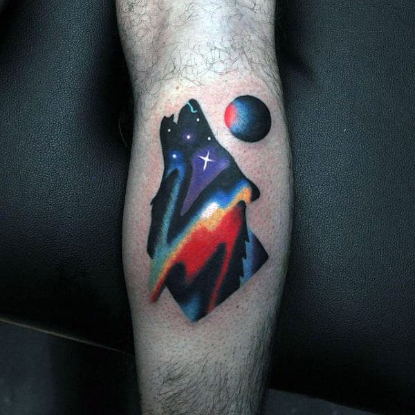 Wolf Howling At Moon Small Colorful Amazing Guys Leg Calf Tattoos