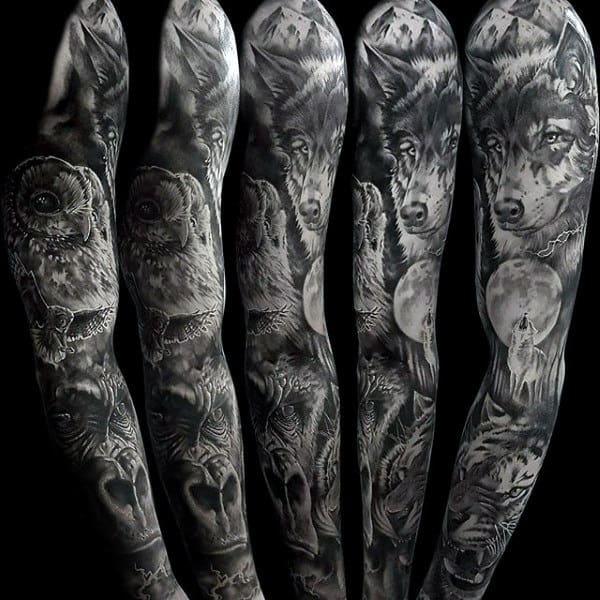 Wolf Howling At The Moon Crazy Nature Themed Full Sleeve Mens Tattoos