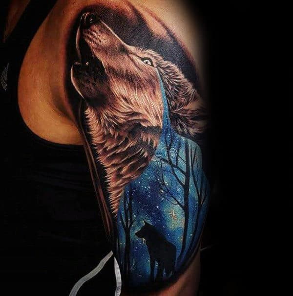 Wolf Howling Mens Forest Night Sky Tattoo On Upper Arm