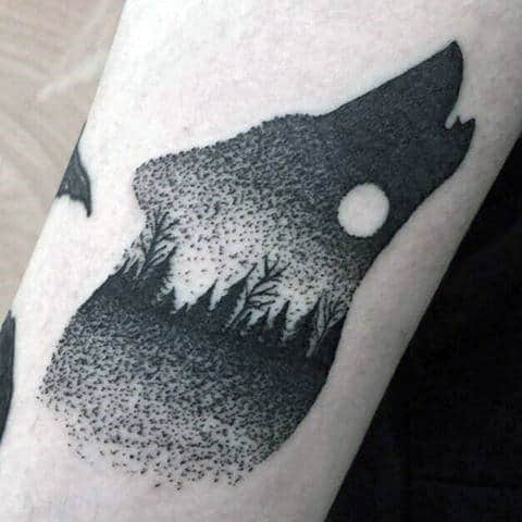 Wolf Howling With Moon And Trees Mens Dotwork Small Inner Forearm Tattoo