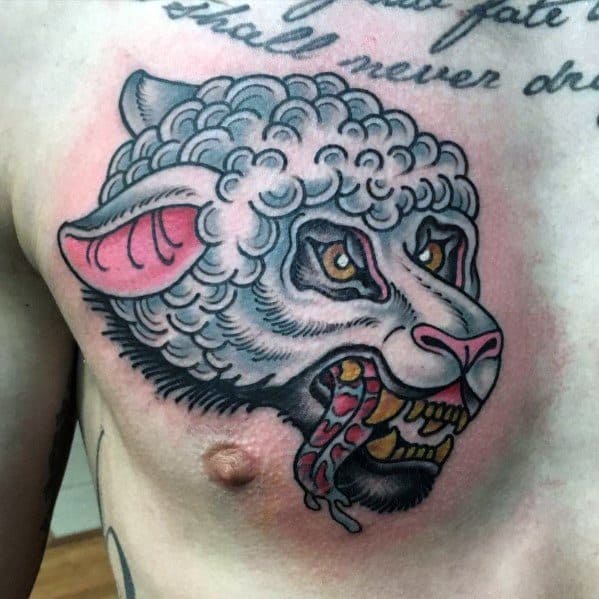 Wolf In Sheeps Clothing Upper Chest Traditional Tattoo Design On Man