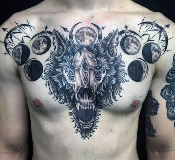 Wolf Skull Guys Phases Of The Moon Tattoo On Chest