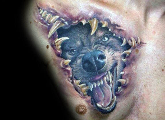 Wolf Teeth Realistic 3d Mens Upper Chest Tattoos