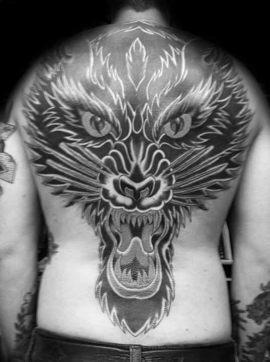 Wolf Traditional Full Back Tattoo On Guy
