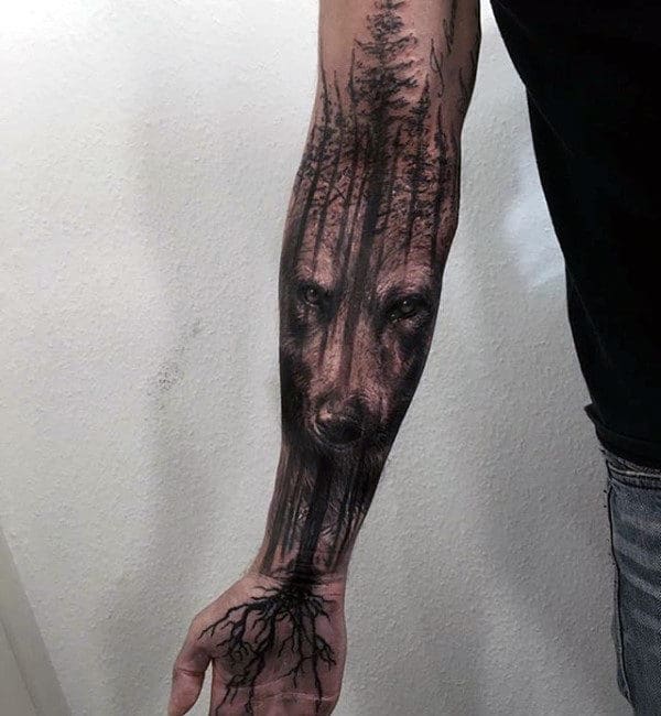 Wolf Tree Roots Mens Masculine Forearm Sleeve Tattoo