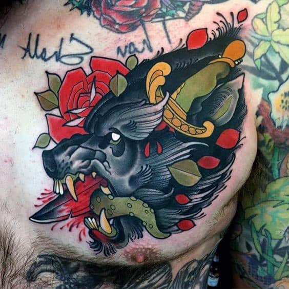Wolf With Dagger Colorful Neo Traditional Chest Tattoos For Men